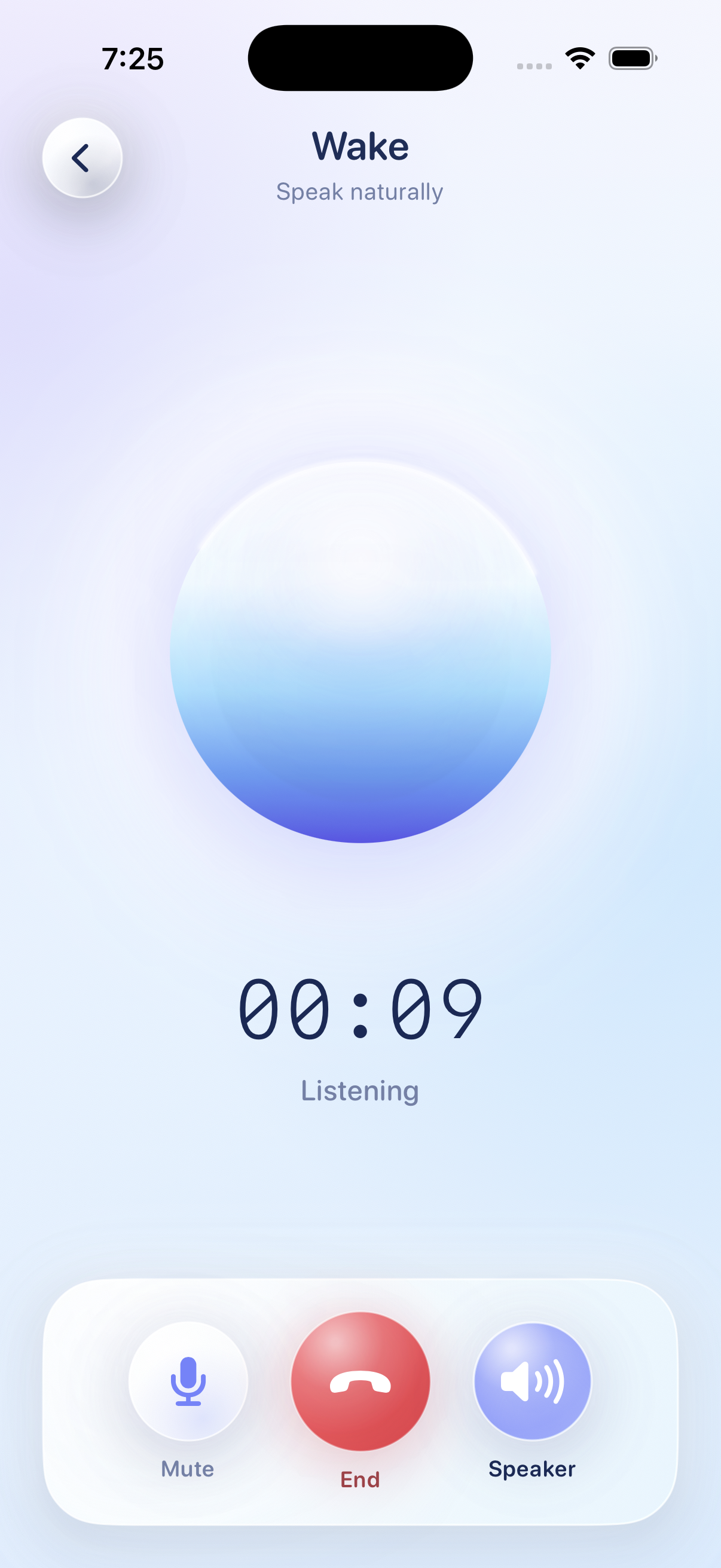 Actual Wake call screen with its blue orb, listening status, and call controls.